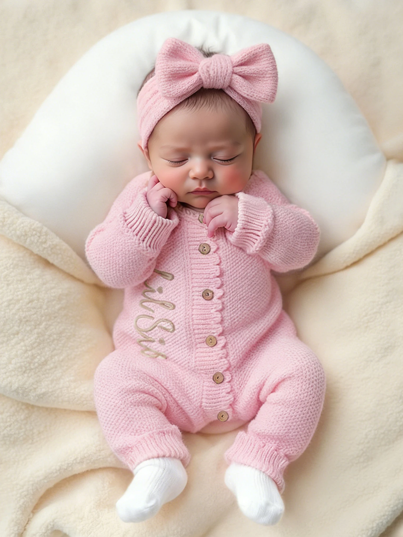 Ylsteed 2Pcs Newborn Knitted Outfit With Bow Headband, Welcome Embroidered Baby Romper For Photo Shoot & Daily Wear 0-3M