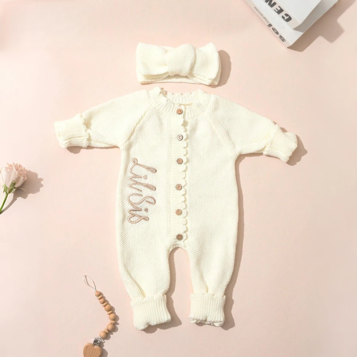 Ylsteed 2Pcs Newborn Knitted Outfit With Bow Headband, Welcome Embroidered Baby Romper For Photo Shoot & Daily Wear 0-3M