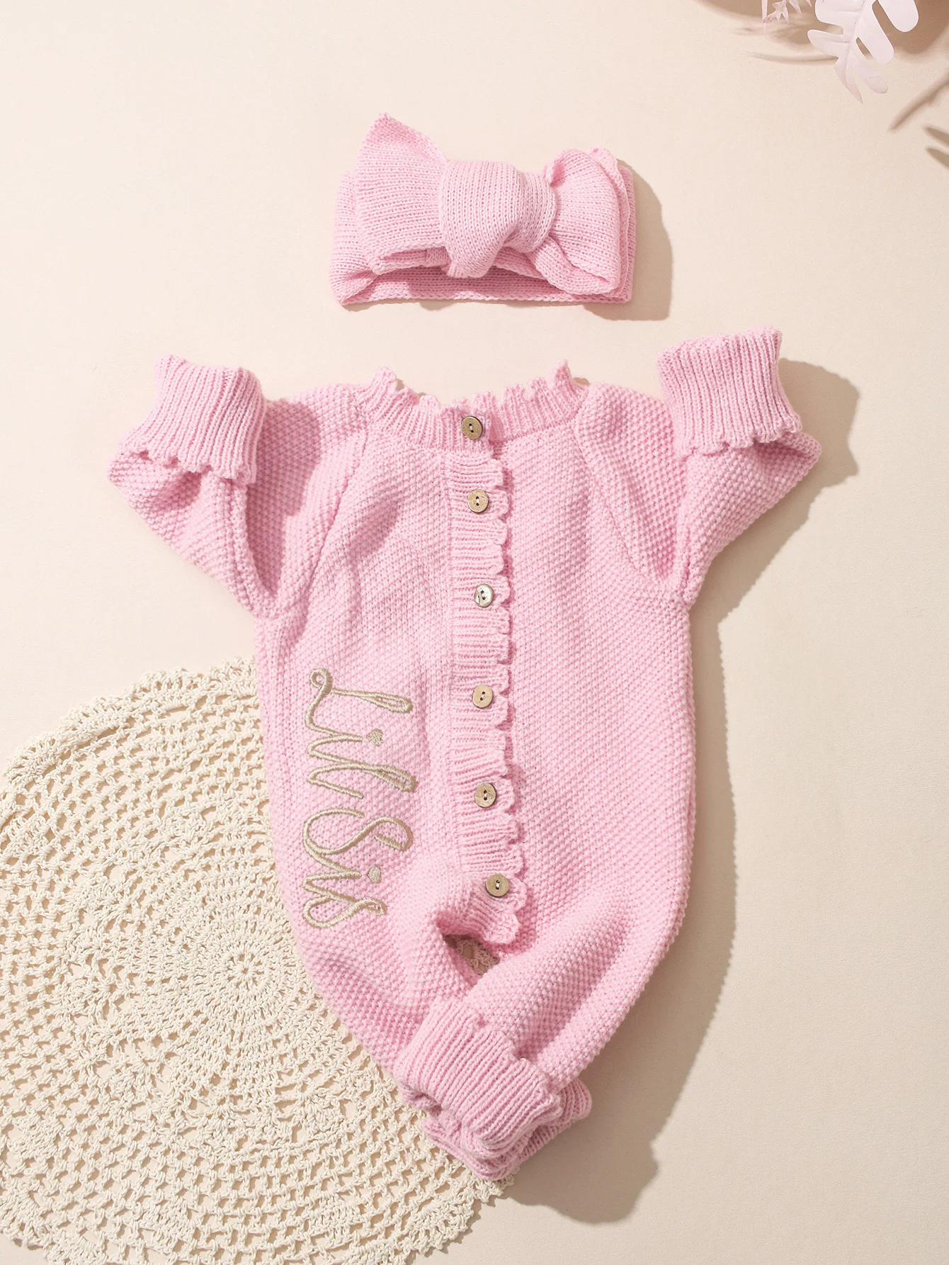 Ylsteed 2Pcs Newborn Knitted Outfit With Bow Headband, Welcome Embroidered Baby Romper For Photo Shoot & Daily Wear 0-3M