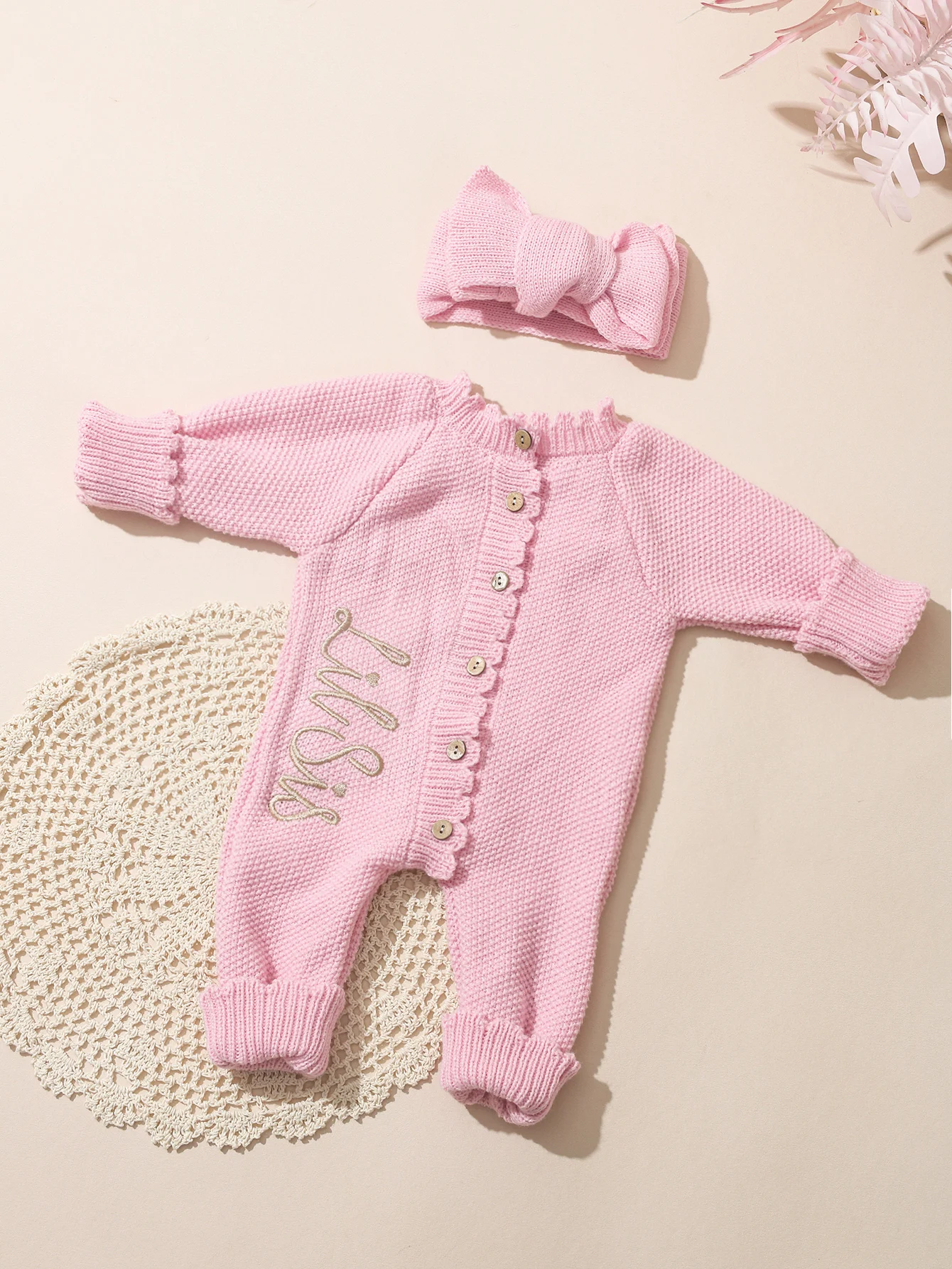 Ylsteed 2Pcs Newborn Knitted Outfit With Bow Headband, Welcome Embroidered Baby Romper For Photo Shoot & Daily Wear 0-3M