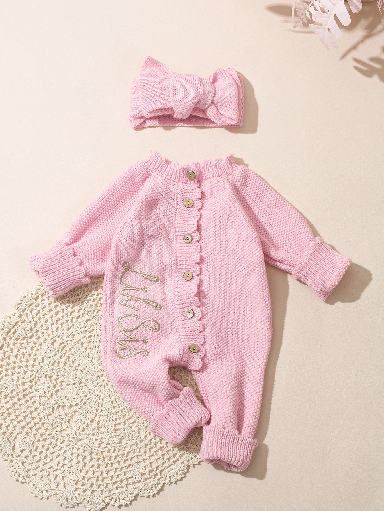Ylsteed 2Pcs Newborn Knitted Outfit With Bow Headband, Welcome Embroidered Baby Romper For Photo Shoot & Daily Wear 0-3M