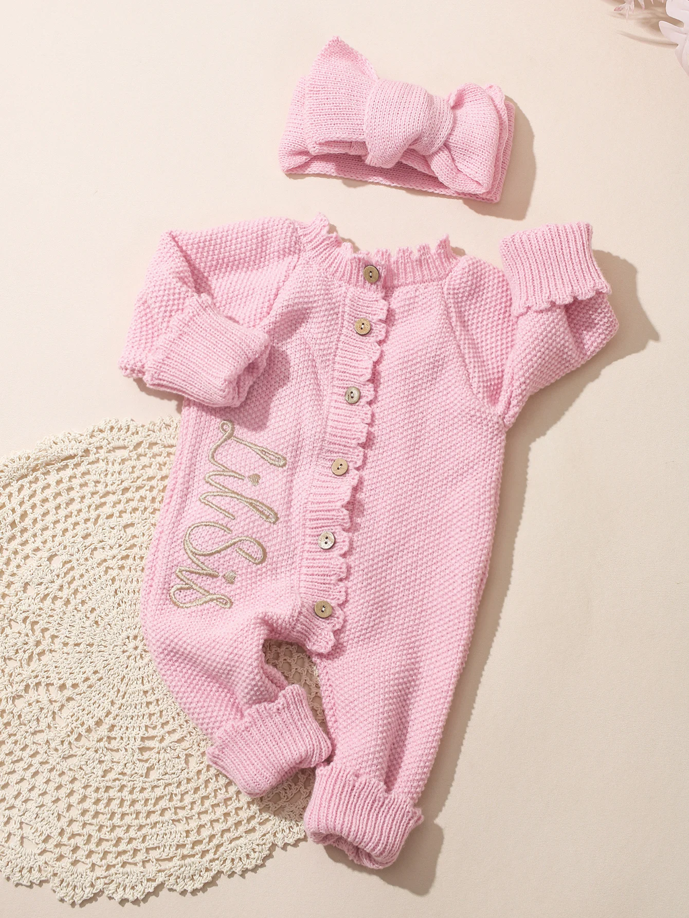 Ylsteed 2Pcs Newborn Knitted Outfit With Bow Headband, Welcome Embroidered Baby Romper For Photo Shoot & Daily Wear 0-3M