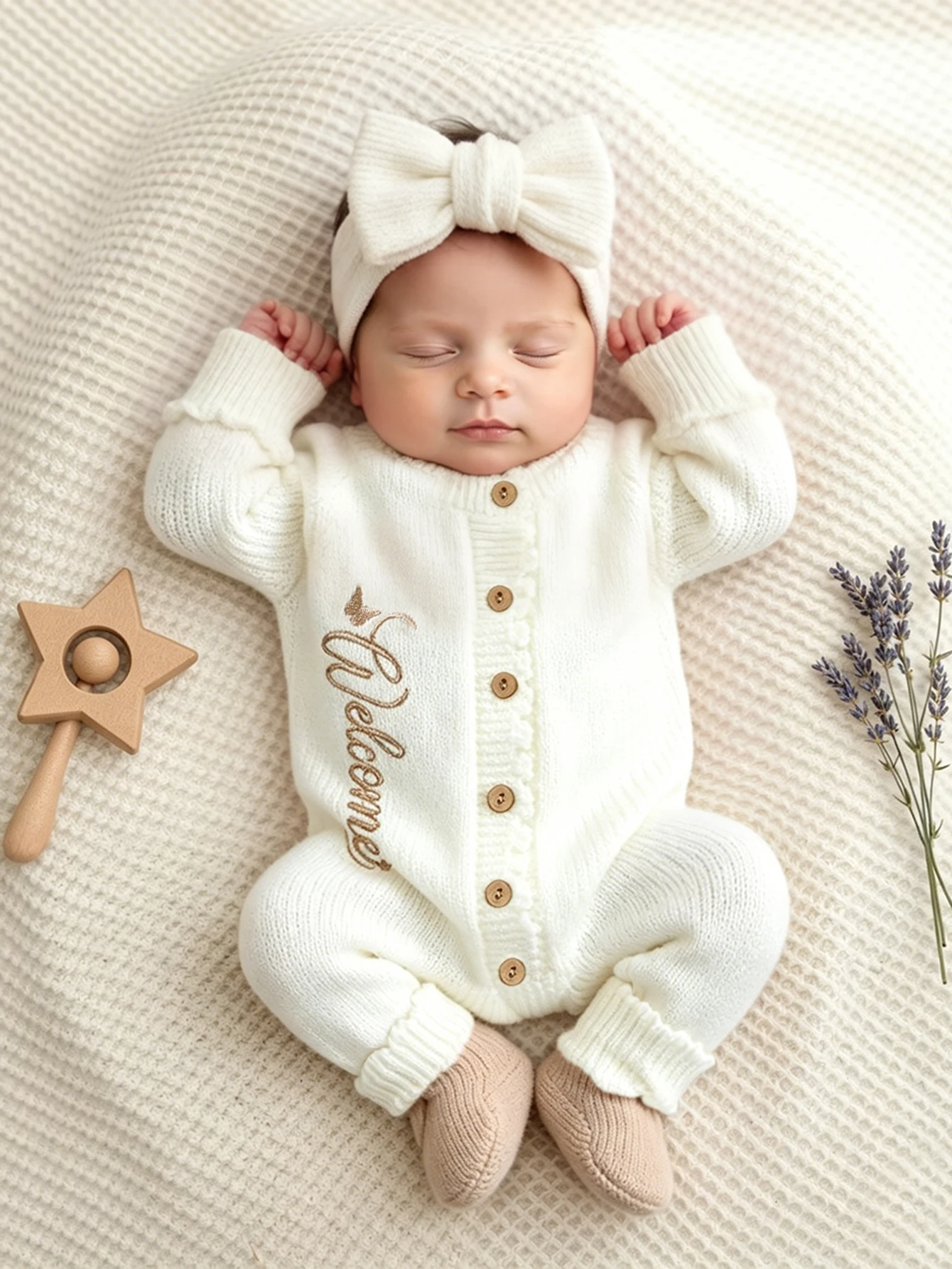 Ylsteed 2Pcs Newborn Knitted Outfit With Bow Headband, Welcome Embroidered Baby Romper For Photo Shoot & Daily Wear 0-3M
