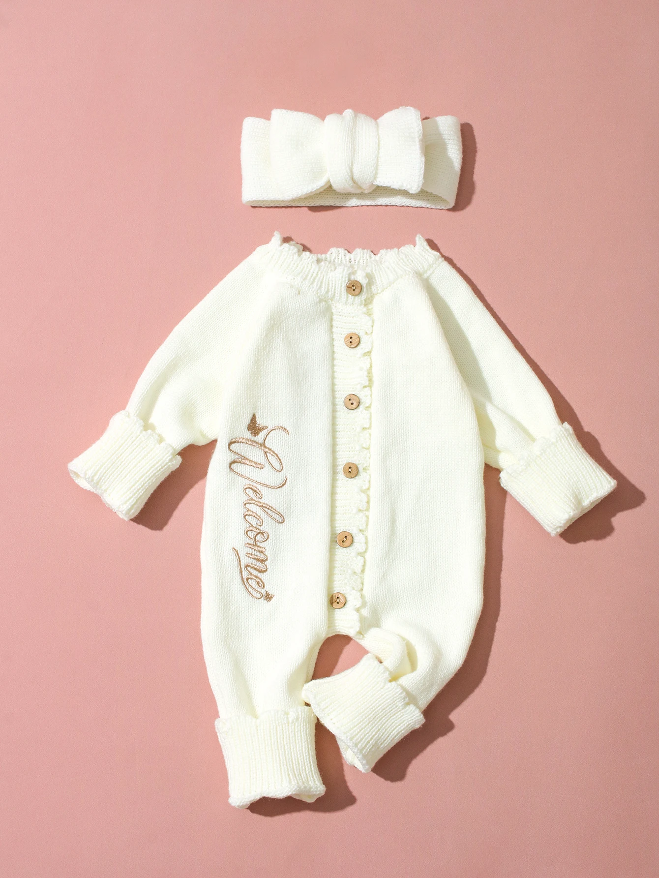 Ylsteed 2Pcs Newborn Knitted Outfit With Bow Headband, Welcome Embroidered Baby Romper For Photo Shoot & Daily Wear 0-3M