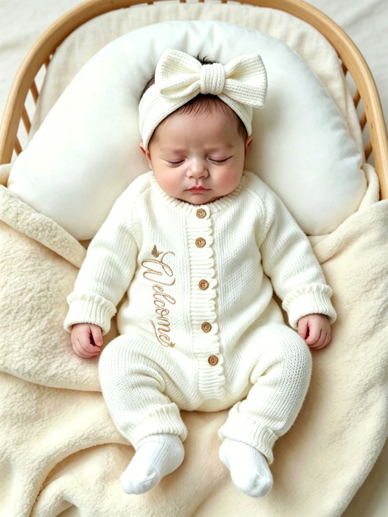 Ylsteed 2Pcs Newborn Knitted Outfit With Bow Headband, Welcome Embroidered Baby Romper For Photo Shoot & Daily Wear 0-3M