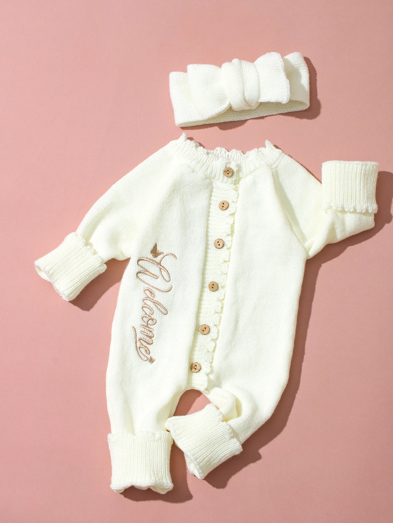 Ylsteed 2Pcs Newborn Knitted Outfit With Bow Headband, Welcome Embroidered Baby Romper For Photo Shoot & Daily Wear 0-3M