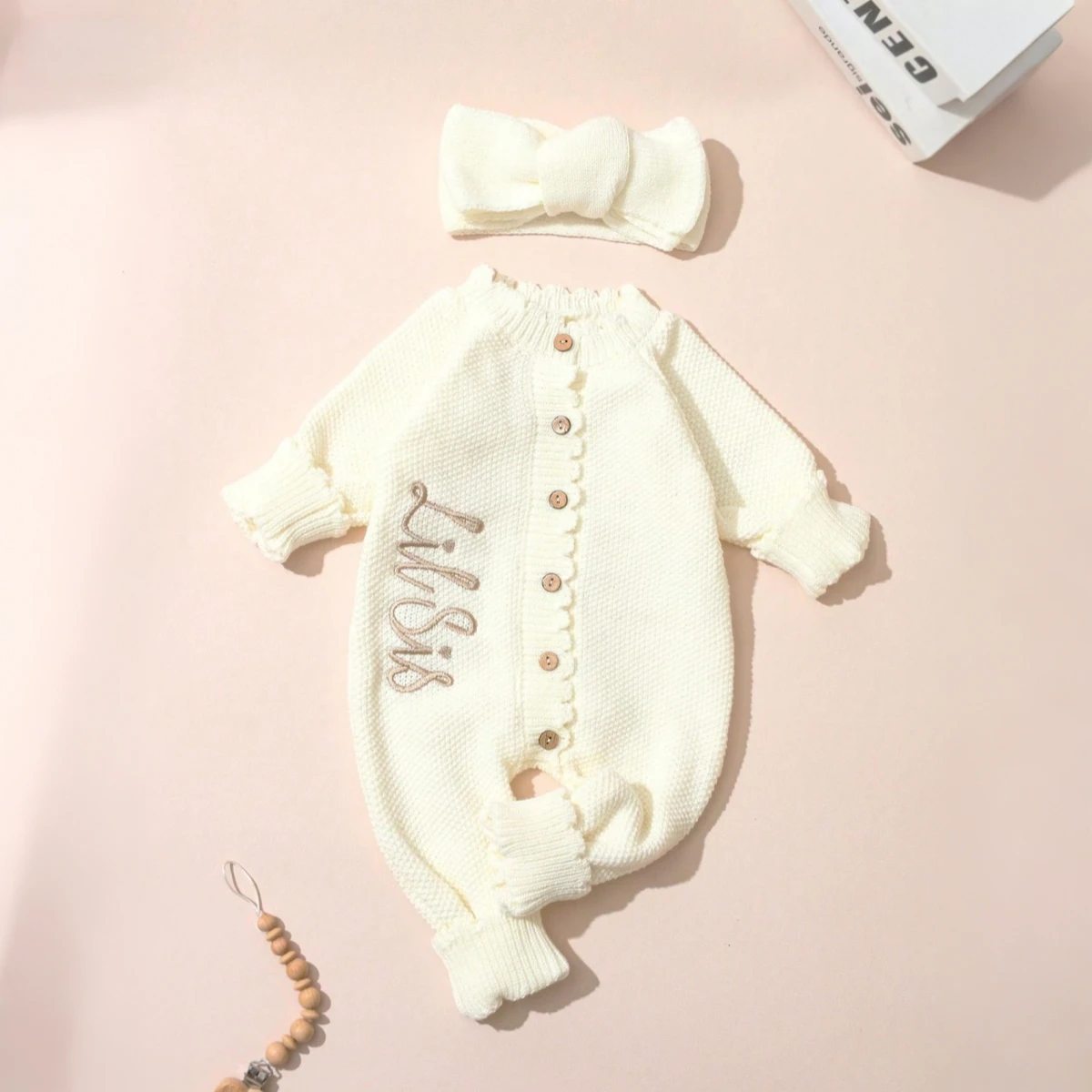 Ylsteed 2Pcs Newborn Knitted Outfit With Bow Headband, Welcome Embroidered Baby Romper For Photo Shoot & Daily Wear 0-3M