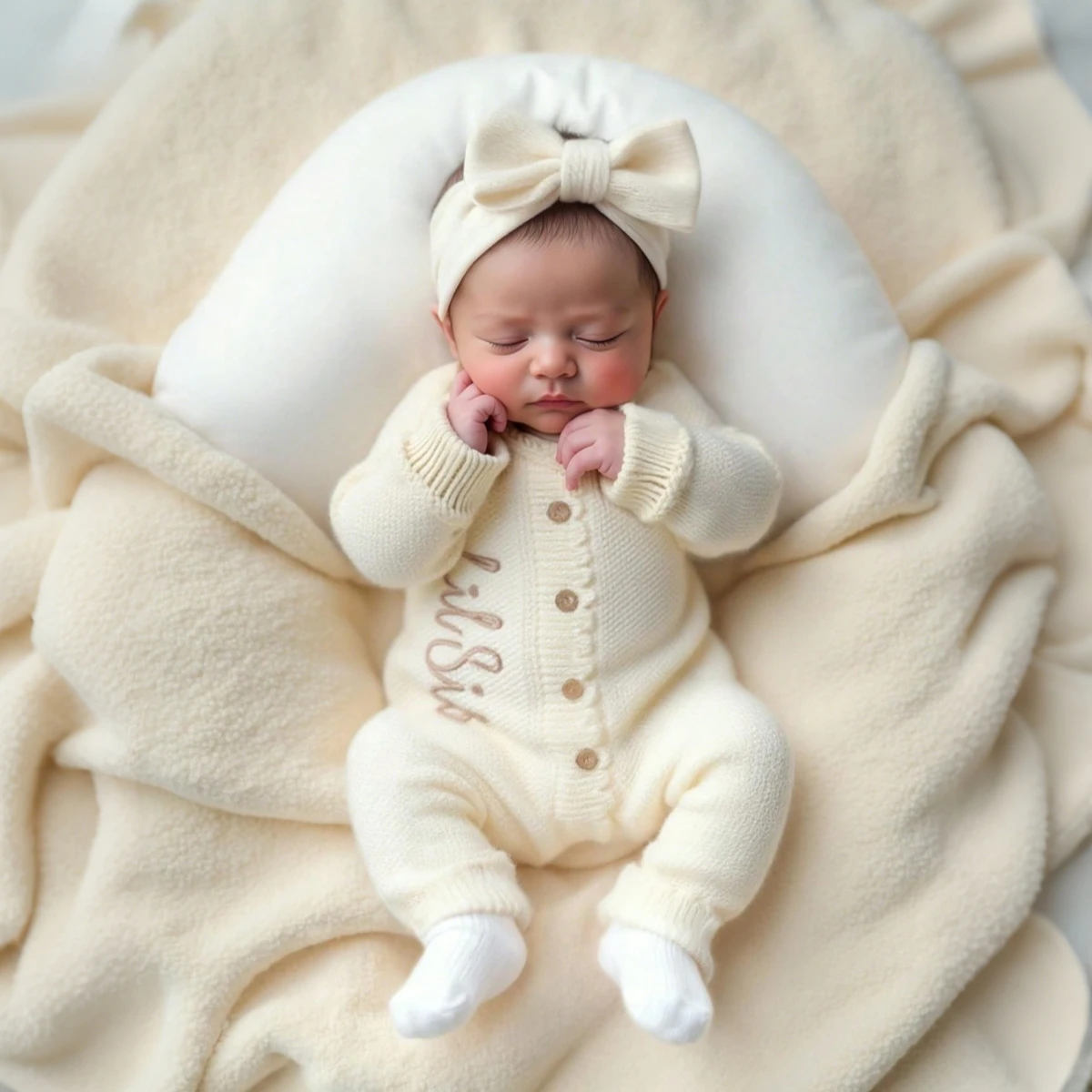 Ylsteed 2Pcs Newborn Knitted Outfit With Bow Headband, Welcome Embroidered Baby Romper For Photo Shoot & Daily Wear 0-3M