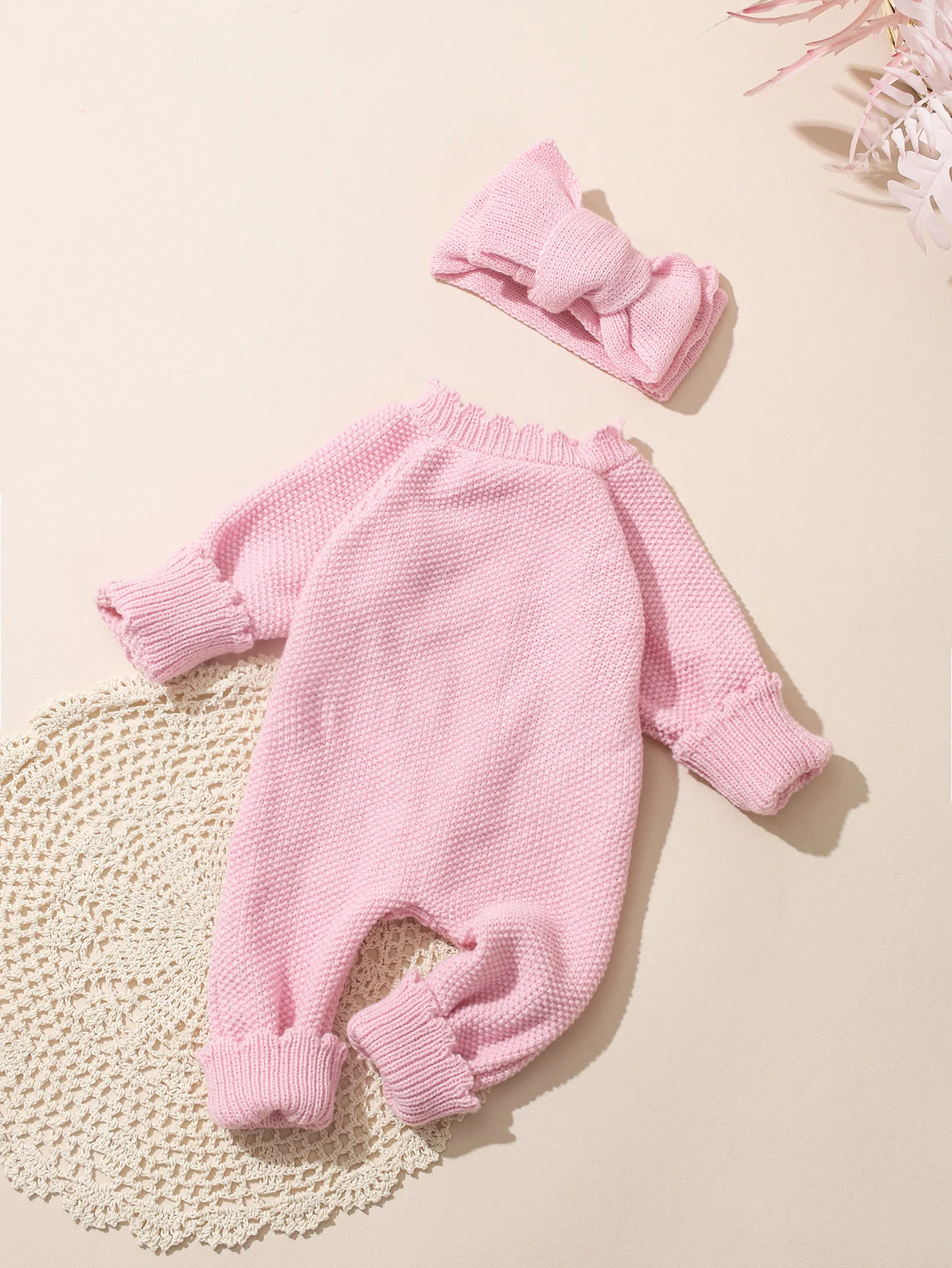 Ylsteed 2Pcs Newborn Knitted Outfit With Bow Headband, Welcome Embroidered Baby Romper For Photo Shoot & Daily Wear 0-3M