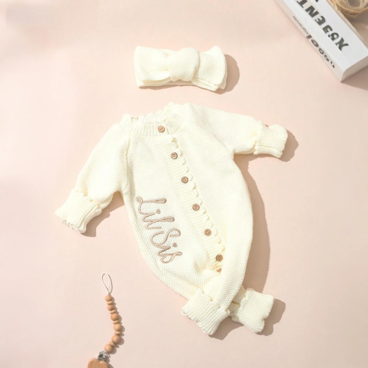 Ylsteed 2Pcs Newborn Knitted Outfit With Bow Headband, Welcome Embroidered Baby Romper For Photo Shoot & Daily Wear 0-3M