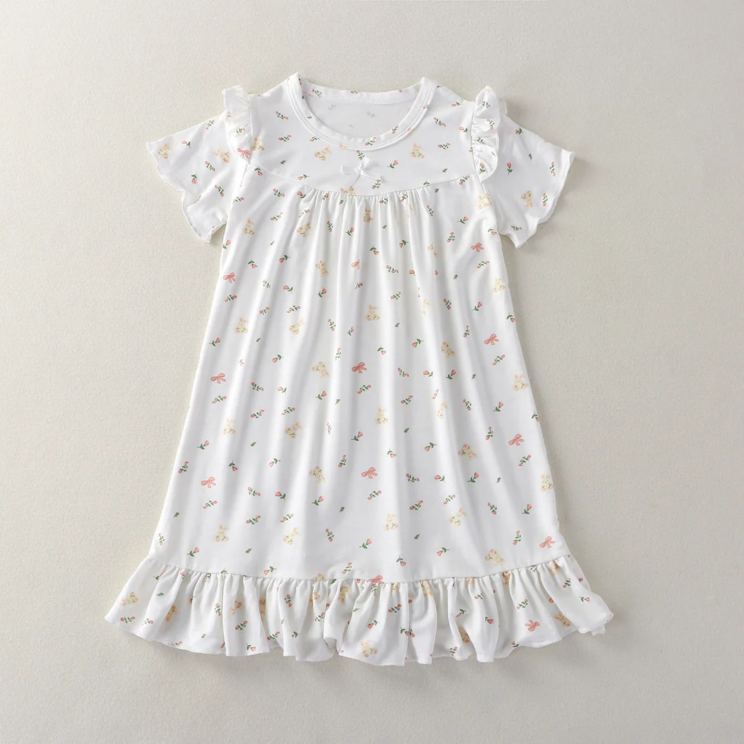 Modal Children Nightgown Dress Princess Ruffle Short Sleeves Kids Girls Sleep Dress Breathable Girls Homewear Dress For 1-10Y