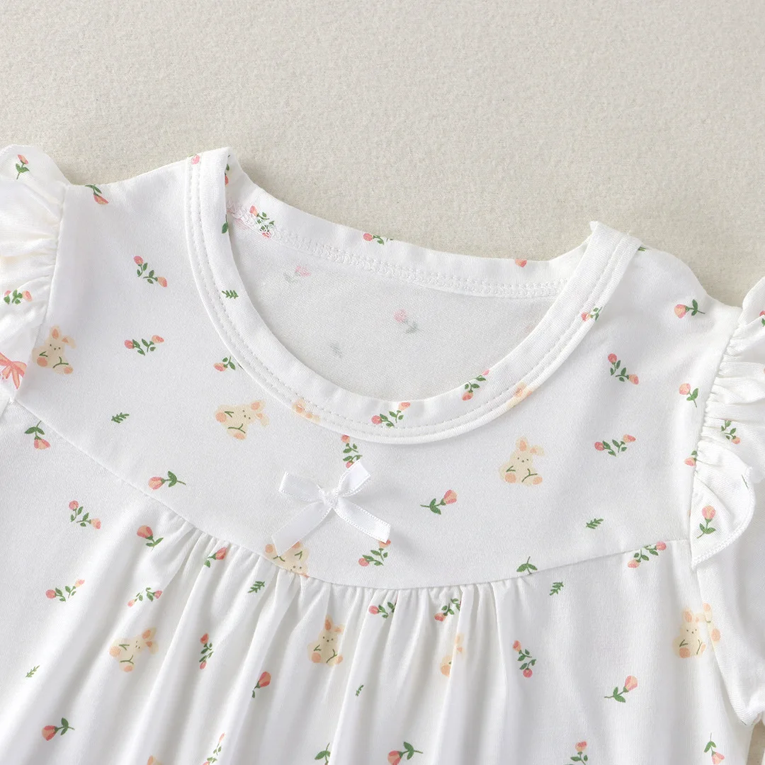 Modal Children Nightgown Dress Princess Ruffle Short Sleeves Kids Girls Sleep Dress Breathable Girls Homewear Dress For 1-10Y