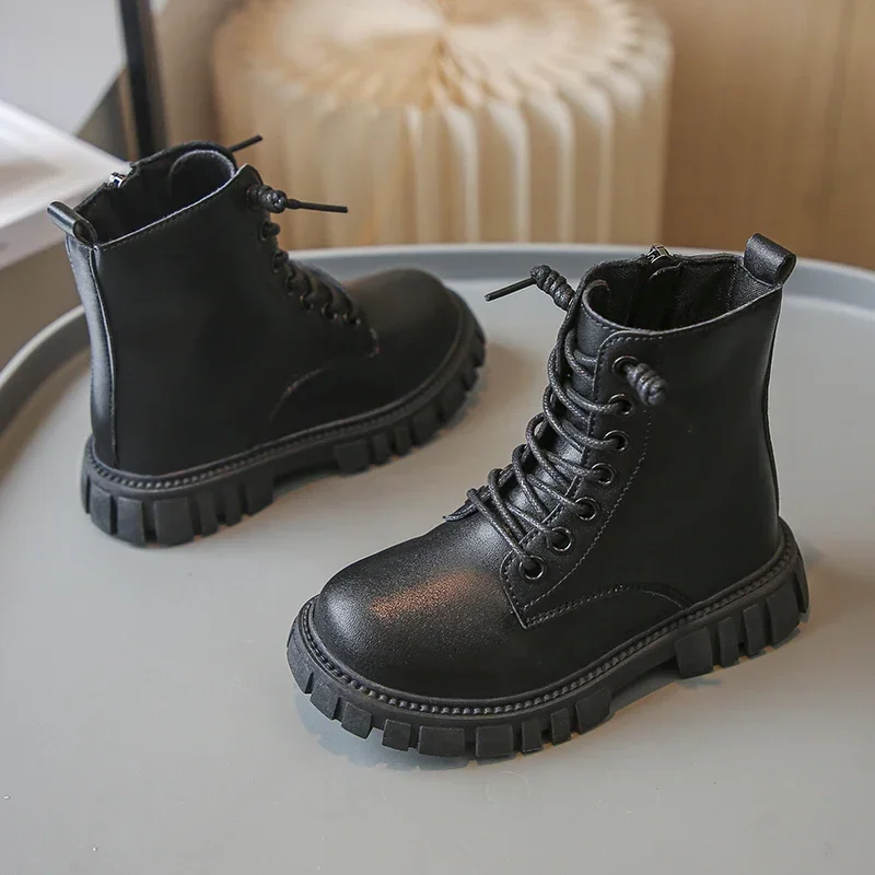 Spring Autumn Girls Ankle Boots Fashion School Kids Leather Boots Thick Bottom Non-slip Children's Platform Causal Boots Black