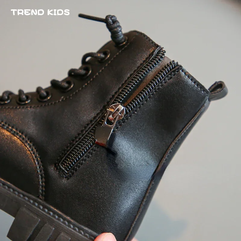 Spring Autumn Girls Ankle Boots Fashion School Kids Leather Boots Thick Bottom Non-slip Children's Platform Causal Boots Black
