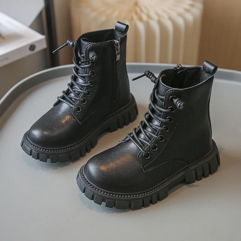 Spring Autumn Girls Ankle Boots Fashion School Kids Leather Boots Thick Bottom Non-slip Children's Platform Causal Boots Black