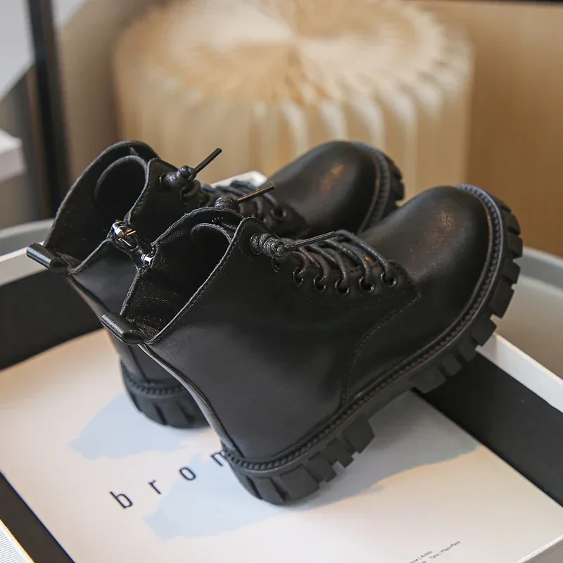 Spring Autumn Girls Ankle Boots Fashion School Kids Leather Boots Thick Bottom Non-slip Children's Platform Causal Boots Black