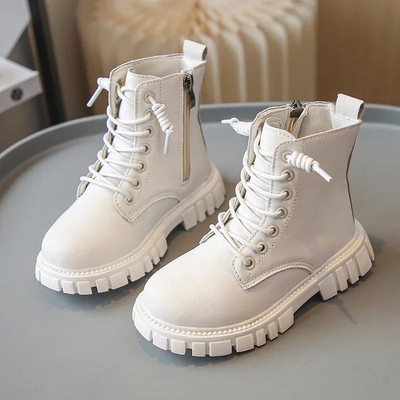 Spring Autumn Girls Ankle Boots Fashion School Kids Leather Boots Thick Bottom Non-slip Children's Platform Causal Boots Black