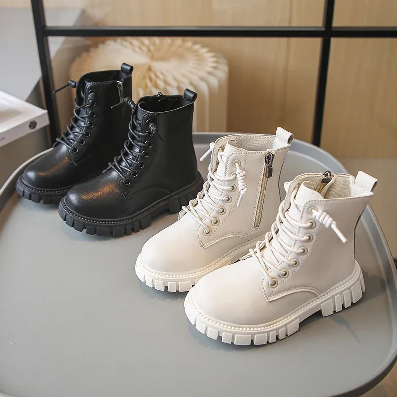 Spring Autumn Girls Ankle Boots Fashion School Kids Leather Boots Thick Bottom Non-slip Children's Platform Causal Boots Black