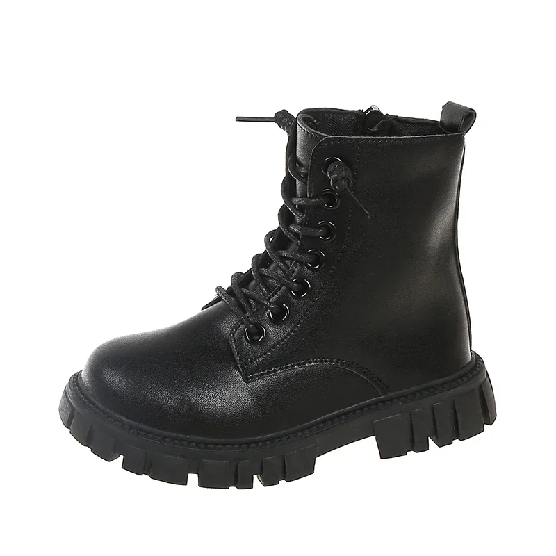 Spring Autumn Girls Ankle Boots Fashion School Kids Leather Boots Thick Bottom Non-slip Children's Platform Causal Boots Black