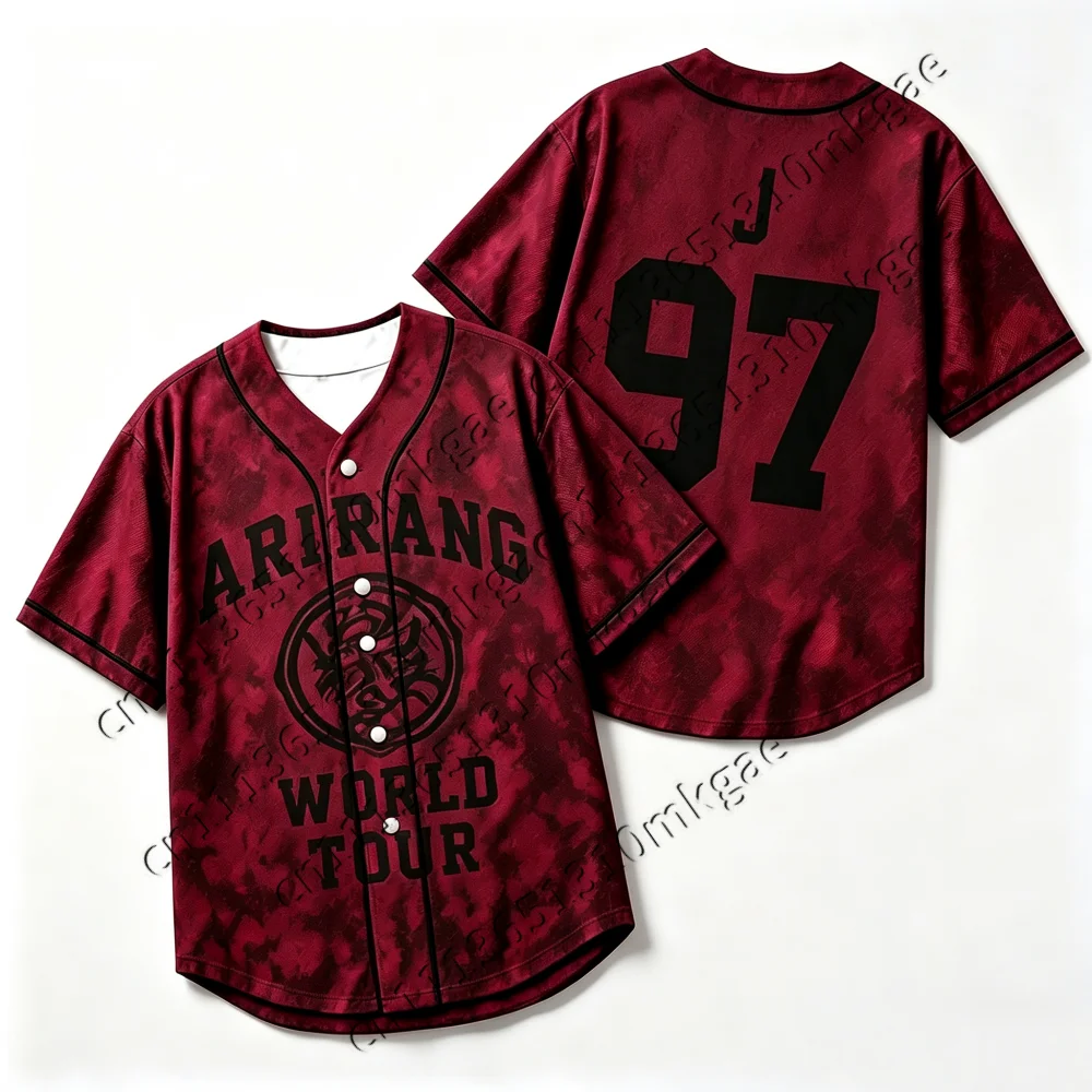 Kpop Arirang World Tour 95 Baseball Jersey Men Women Burgundy Tie Dye Button Up Short Sleeve Loose Concert Fans Kids Casual Tops