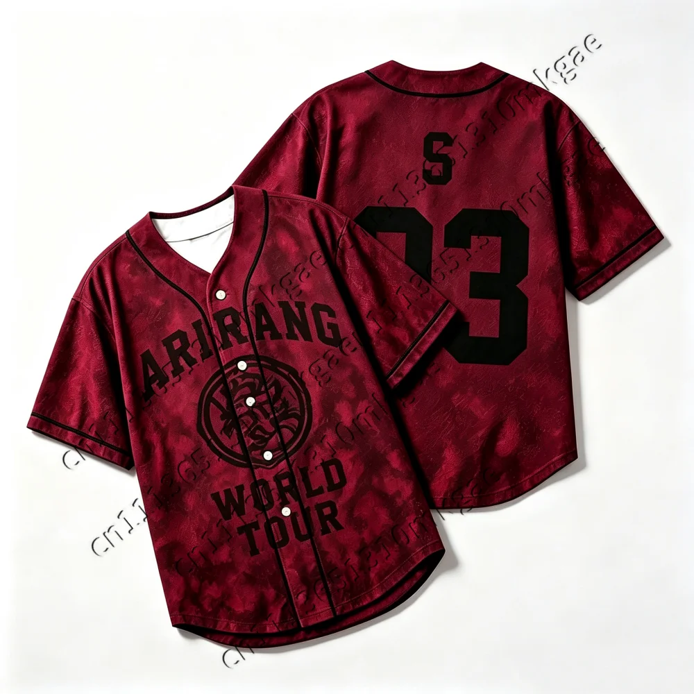 Kpop Arirang World Tour 95 Baseball Jersey Men Women Burgundy Tie Dye Button Up Short Sleeve Loose Concert Fans Kids Casual Tops
