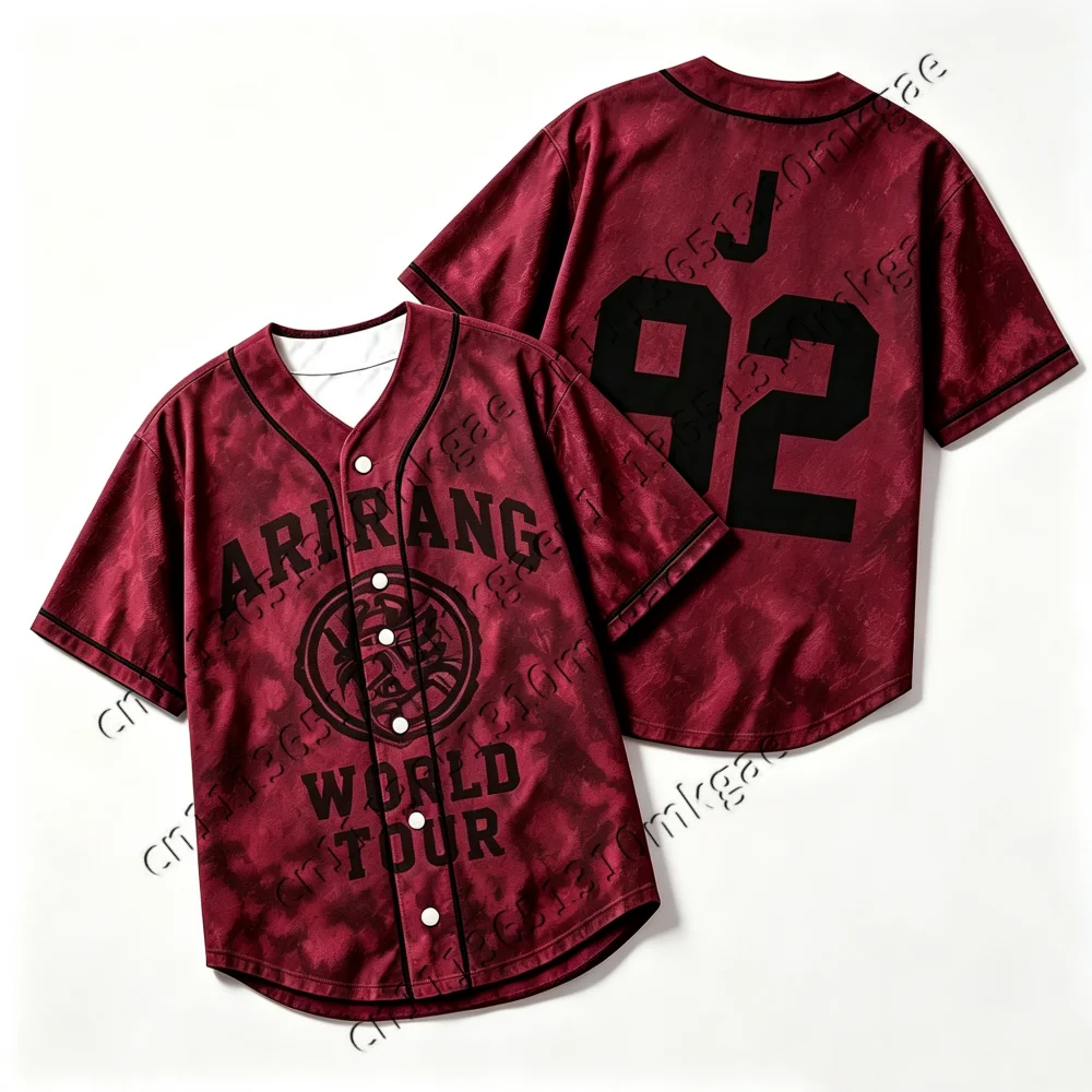 Kpop Arirang World Tour 95 Baseball Jersey Men Women Burgundy Tie Dye Button Up Short Sleeve Loose Concert Fans Kids Casual Tops