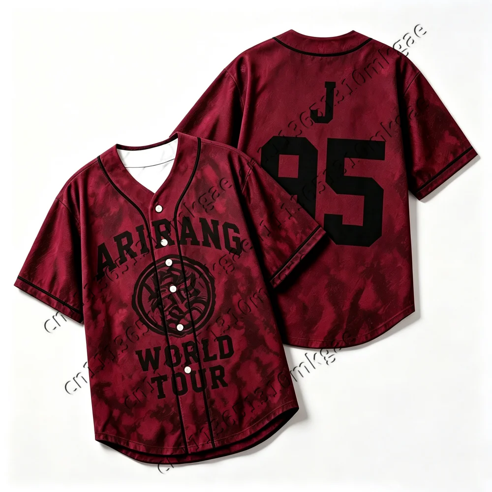 Kpop Arirang World Tour 95 Baseball Jersey Men Women Burgundy Tie Dye Button Up Short Sleeve Loose Concert Fans Kids Casual Tops