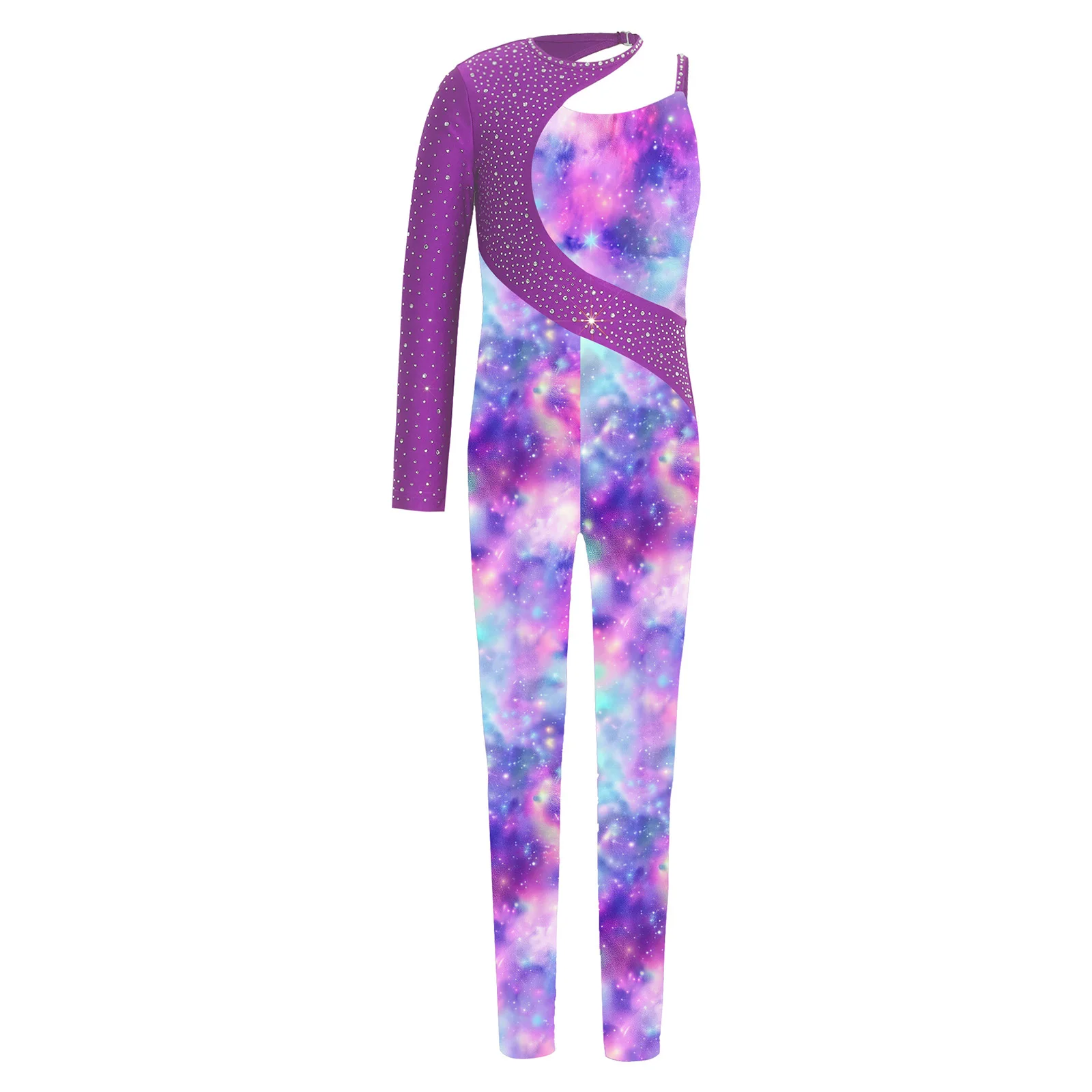 Kids Girls Gymnastics Ballet Dance Leotard Shiny Rhinestone Printed Unitards Jumpsuit for Figure Skating Acrobatics Performance