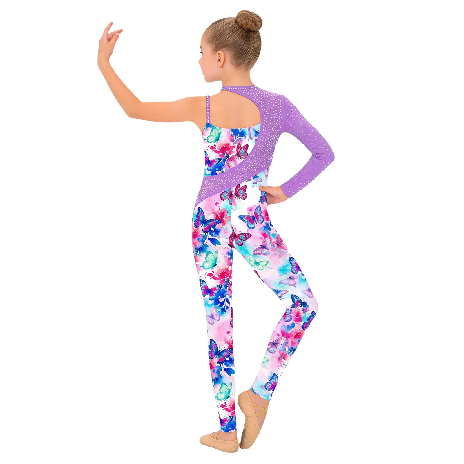 Kids Girls Gymnastics Ballet Dance Leotard Shiny Rhinestone Printed Unitards Jumpsuit for Figure Skating Acrobatics Performance