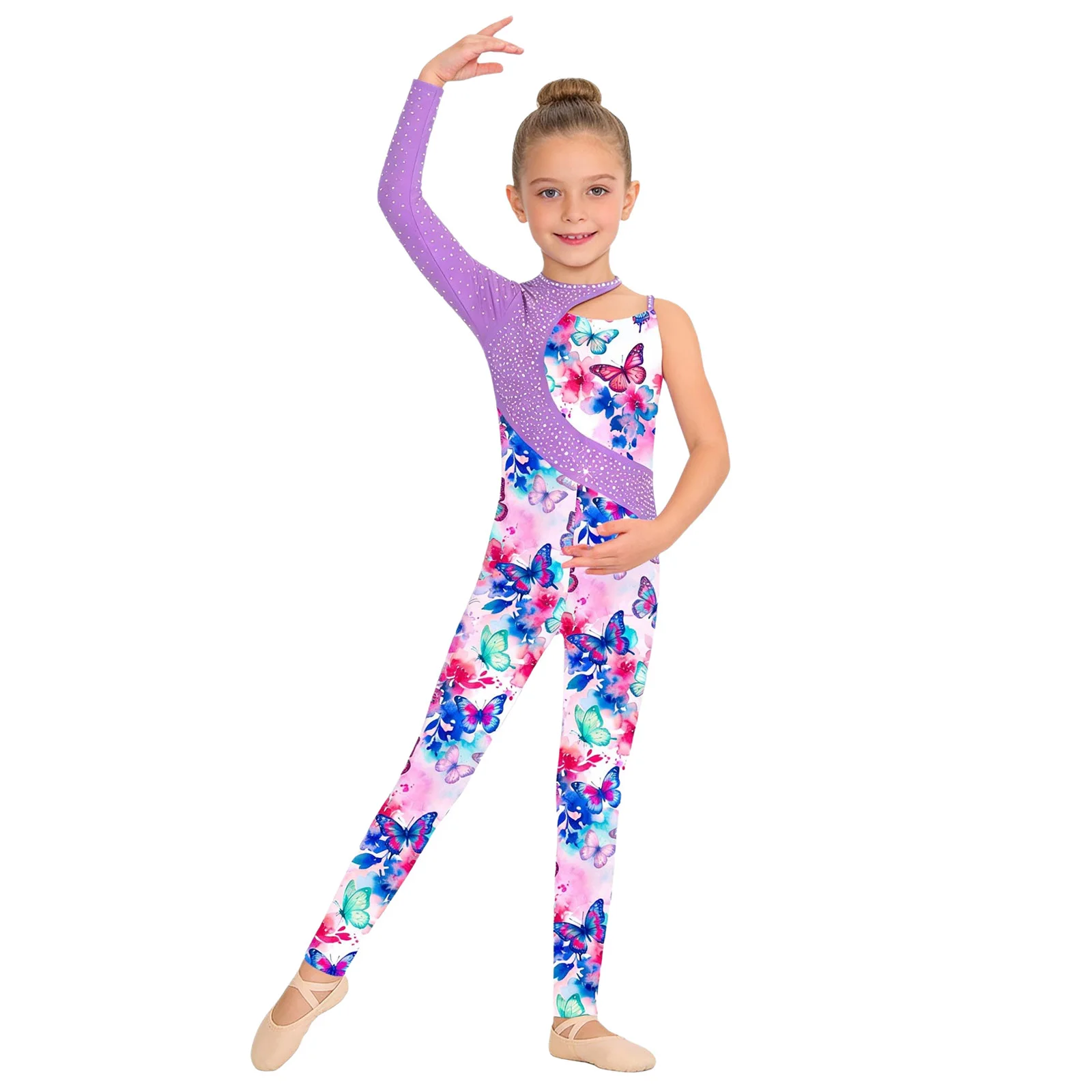 Kids Girls Gymnastics Ballet Dance Leotard Shiny Rhinestone Printed Unitards Jumpsuit for Figure Skating Acrobatics Performance