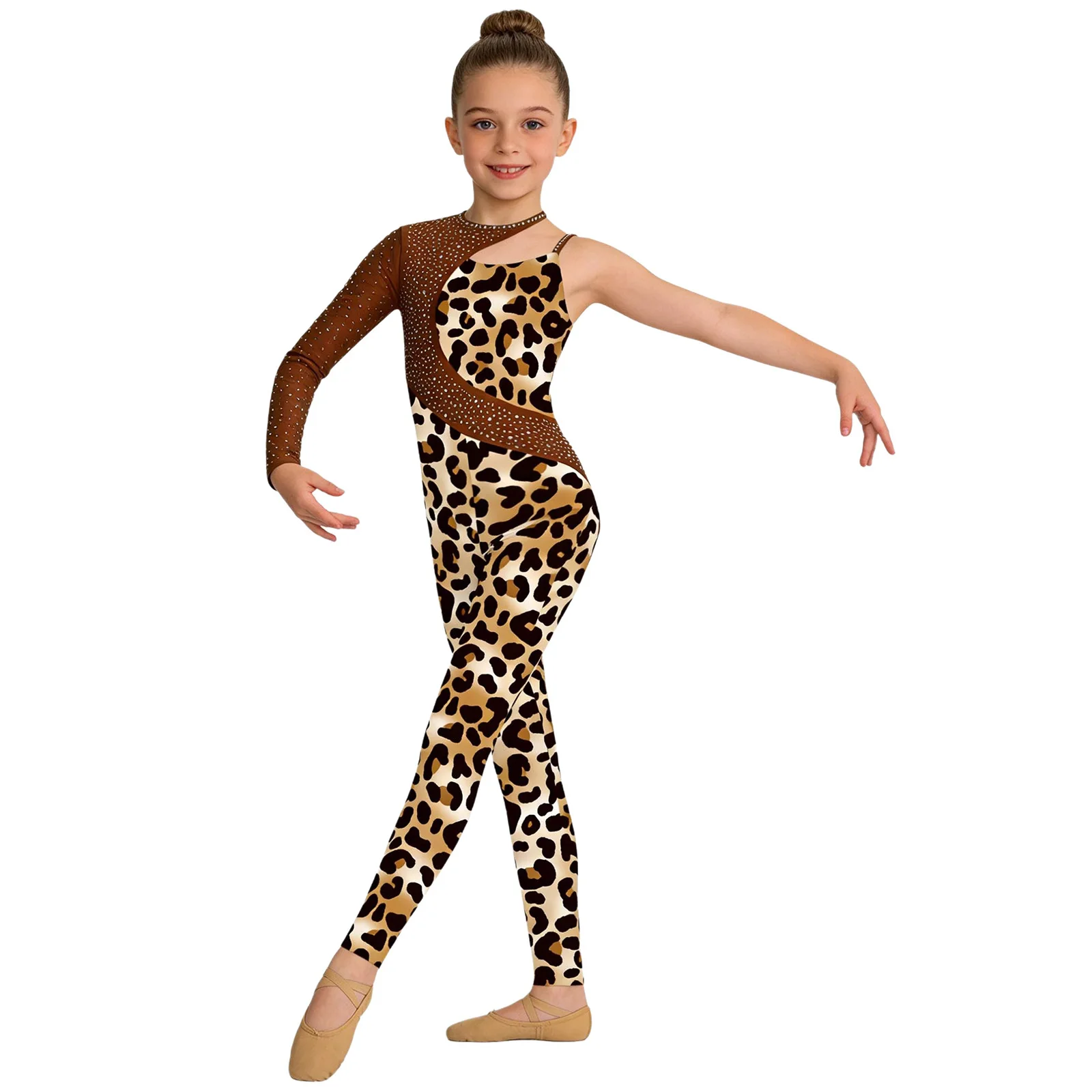Kids Girls Gymnastics Ballet Dance Leotard Shiny Rhinestone Printed Unitards Jumpsuit for Figure Skating Acrobatics Performance