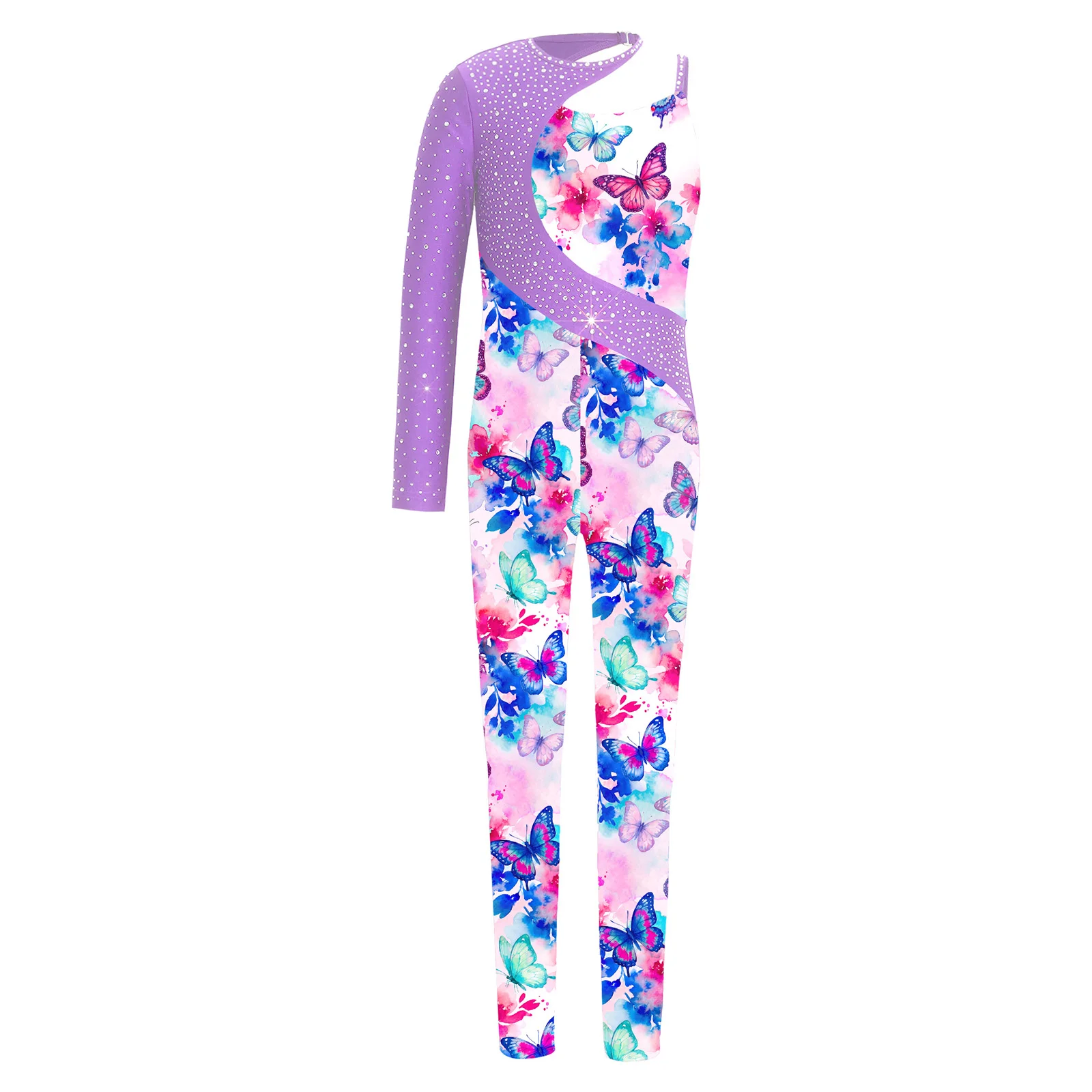 Kids Girls Gymnastics Ballet Dance Leotard Shiny Rhinestone Printed Unitards Jumpsuit for Figure Skating Acrobatics Performance