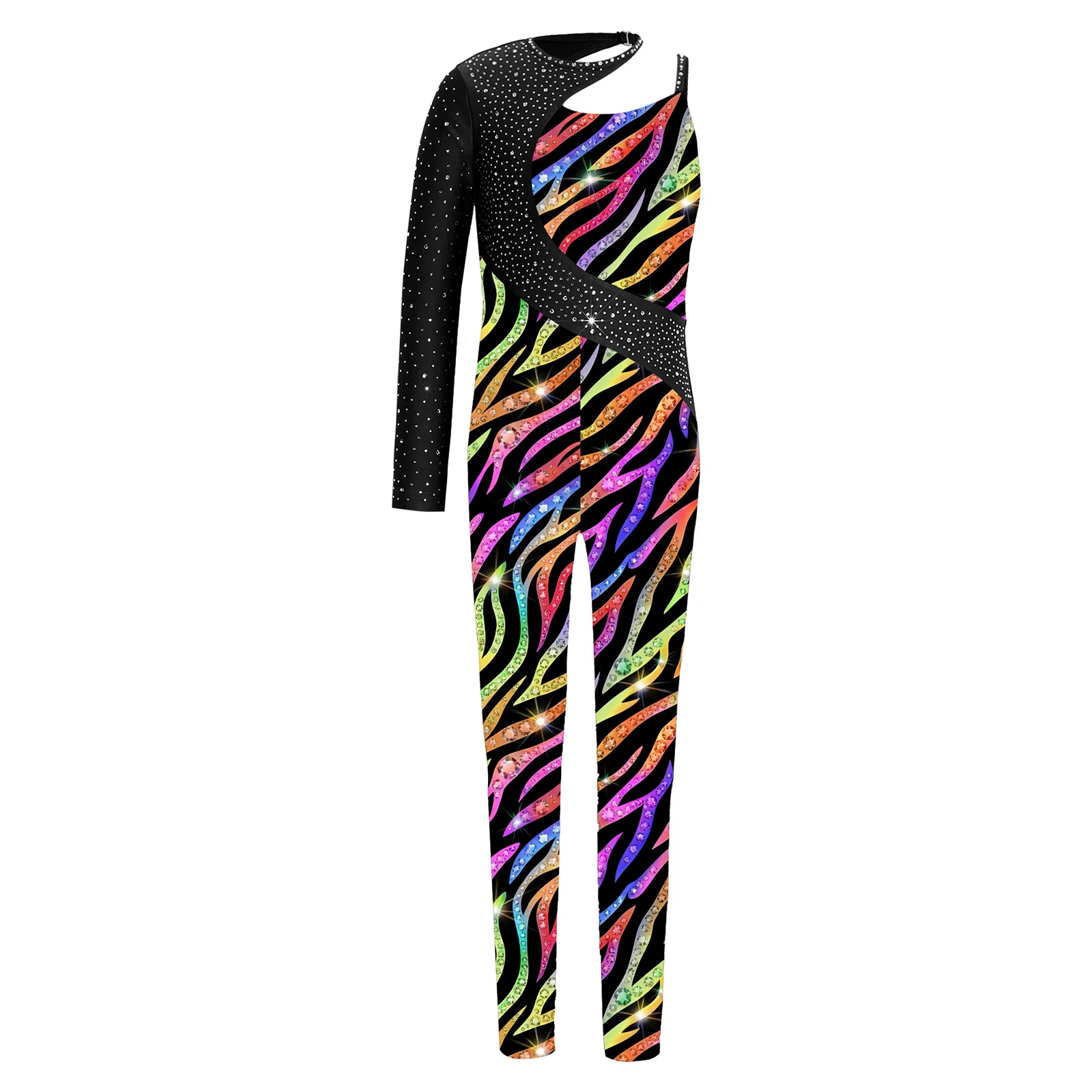 Kids Girls Gymnastics Ballet Dance Leotard Shiny Rhinestone Printed Unitards Jumpsuit for Figure Skating Acrobatics Performance