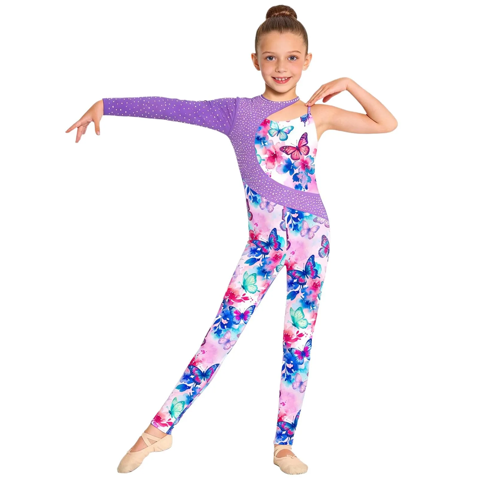Kids Girls Gymnastics Ballet Dance Leotard Shiny Rhinestone Printed Unitards Jumpsuit for Figure Skating Acrobatics Performance