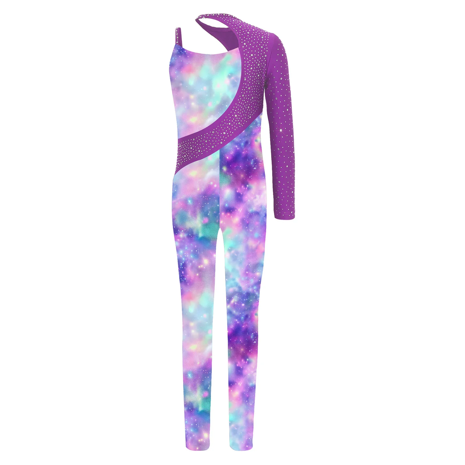 Kids Girls Gymnastics Ballet Dance Leotard Shiny Rhinestone Printed Unitards Jumpsuit for Figure Skating Acrobatics Performance