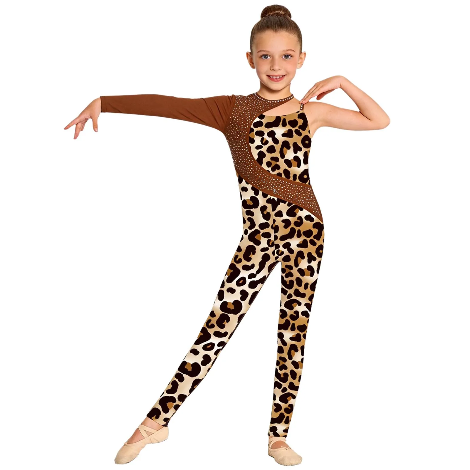 Kids Girls Gymnastics Ballet Dance Leotard Shiny Rhinestone Printed Unitards Jumpsuit for Figure Skating Acrobatics Performance