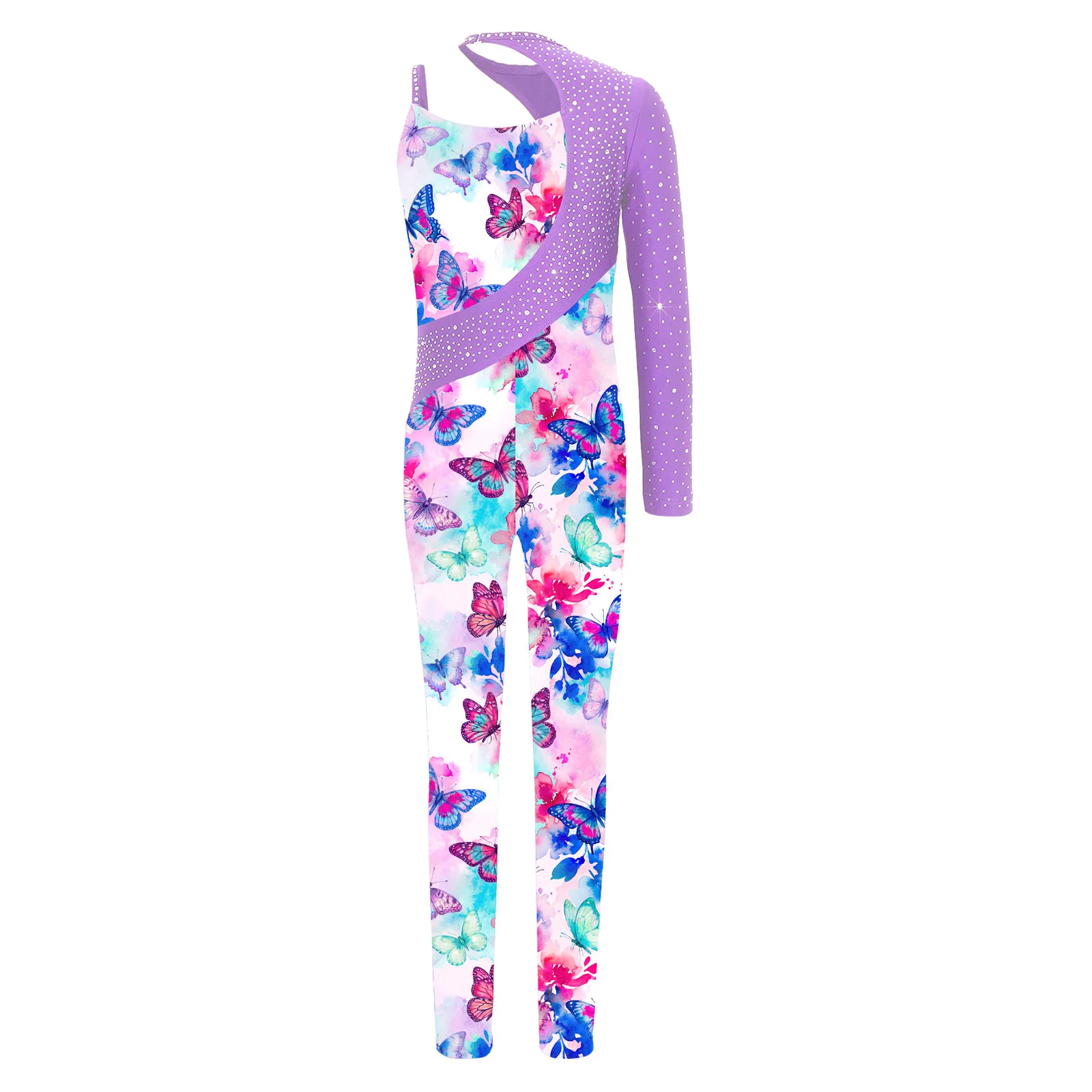 Kids Girls Gymnastics Ballet Dance Leotard Shiny Rhinestone Printed Unitards Jumpsuit for Figure Skating Acrobatics Performance