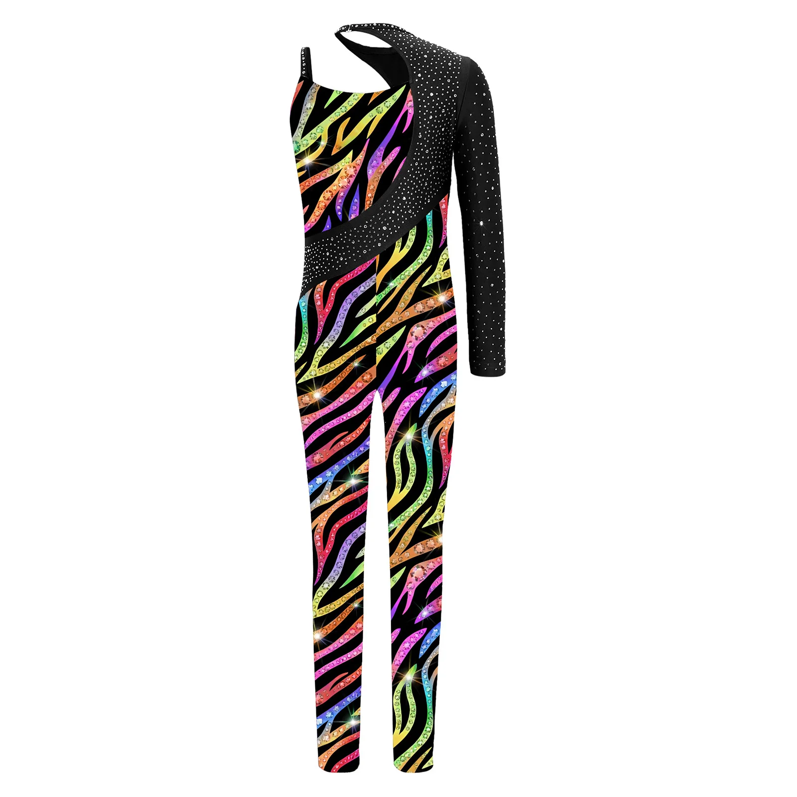 Kids Girls Gymnastics Ballet Dance Leotard Shiny Rhinestone Printed Unitards Jumpsuit for Figure Skating Acrobatics Performance
