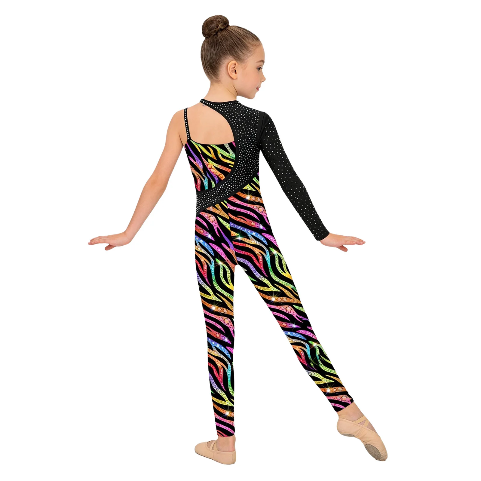 Kids Girls Gymnastics Ballet Dance Leotard Shiny Rhinestone Printed Unitards Jumpsuit for Figure Skating Acrobatics Performance