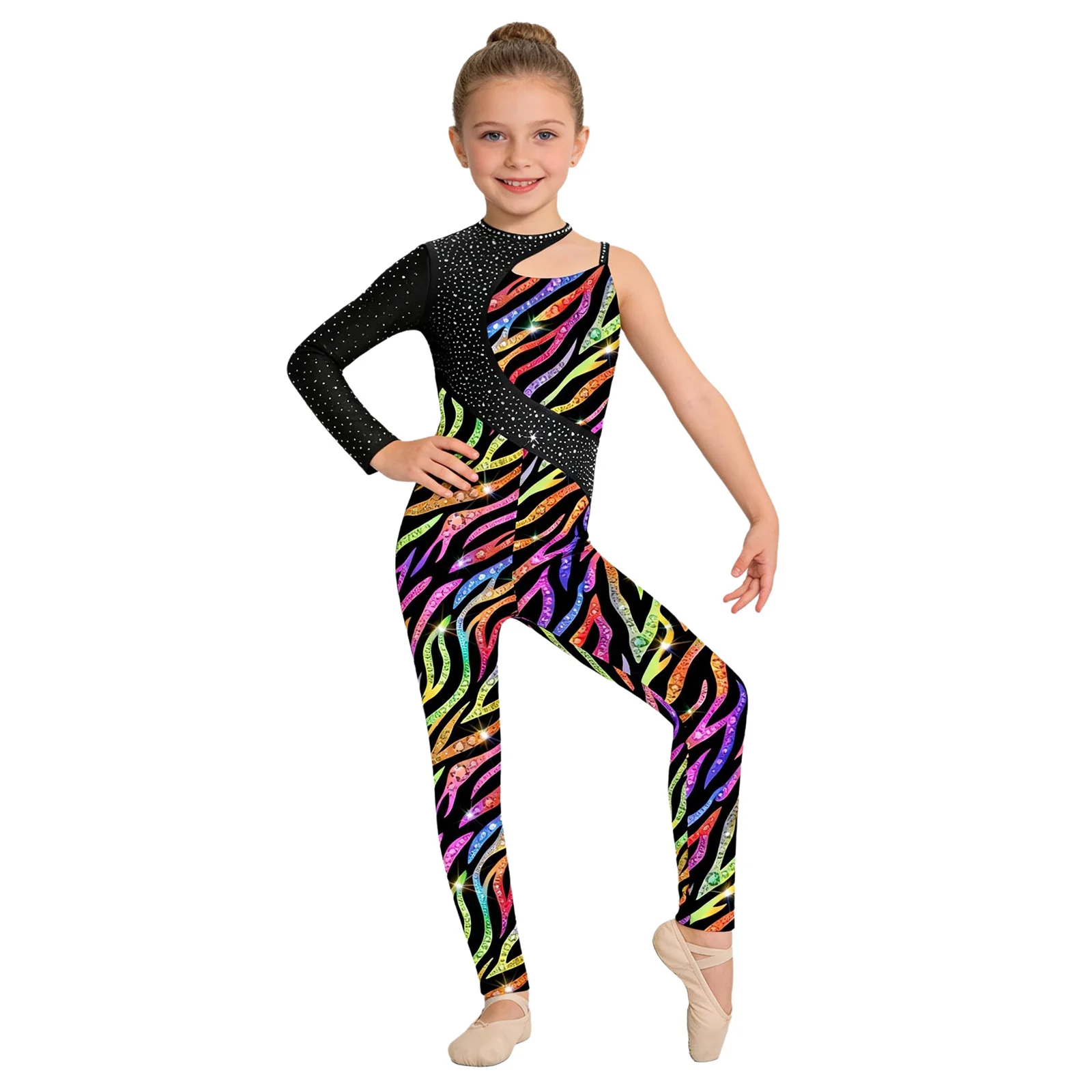 Kids Girls Gymnastics Ballet Dance Leotard Shiny Rhinestone Printed Unitards Jumpsuit for Figure Skating Acrobatics Performance