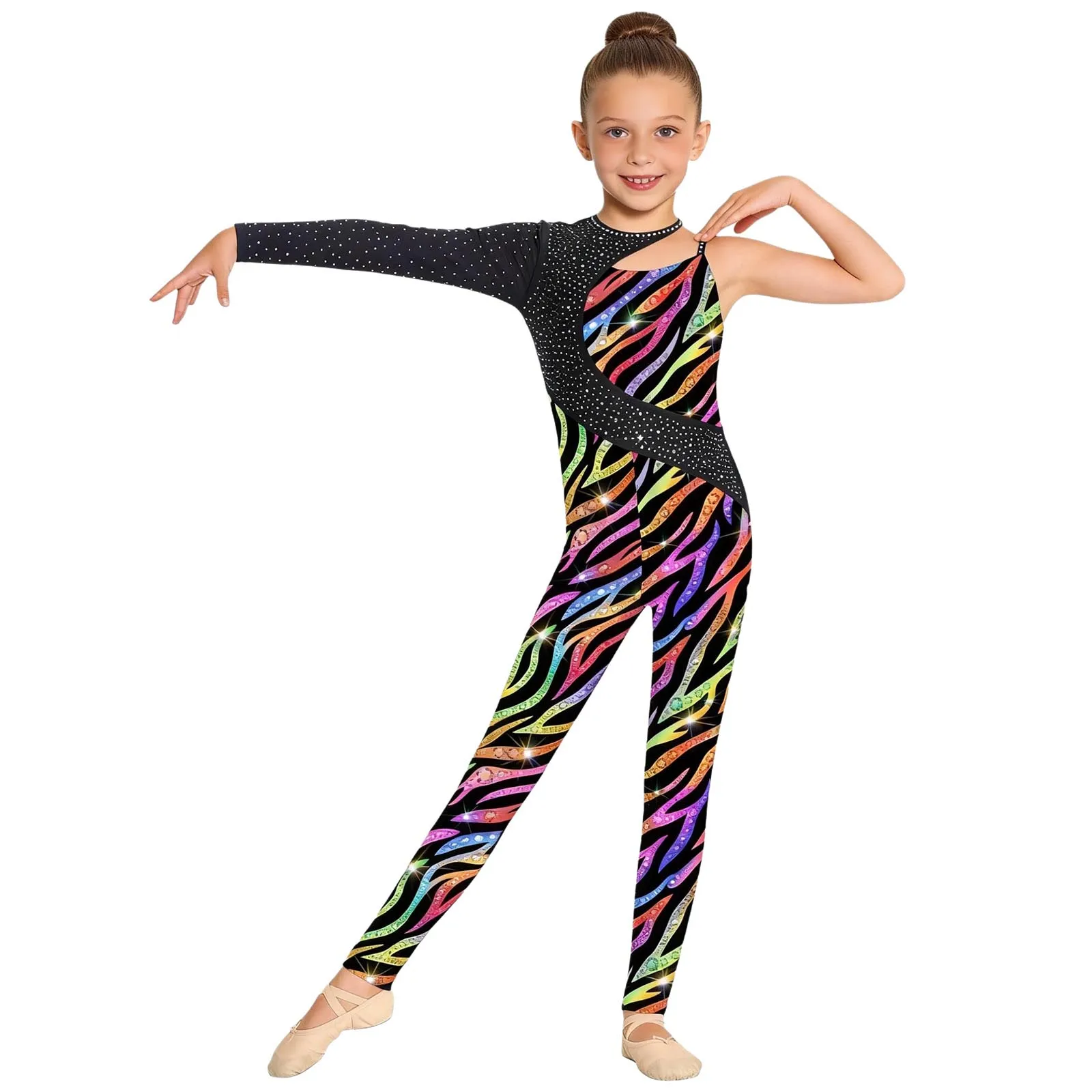 Kids Girls Gymnastics Ballet Dance Leotard Shiny Rhinestone Printed Unitards Jumpsuit for Figure Skating Acrobatics Performance