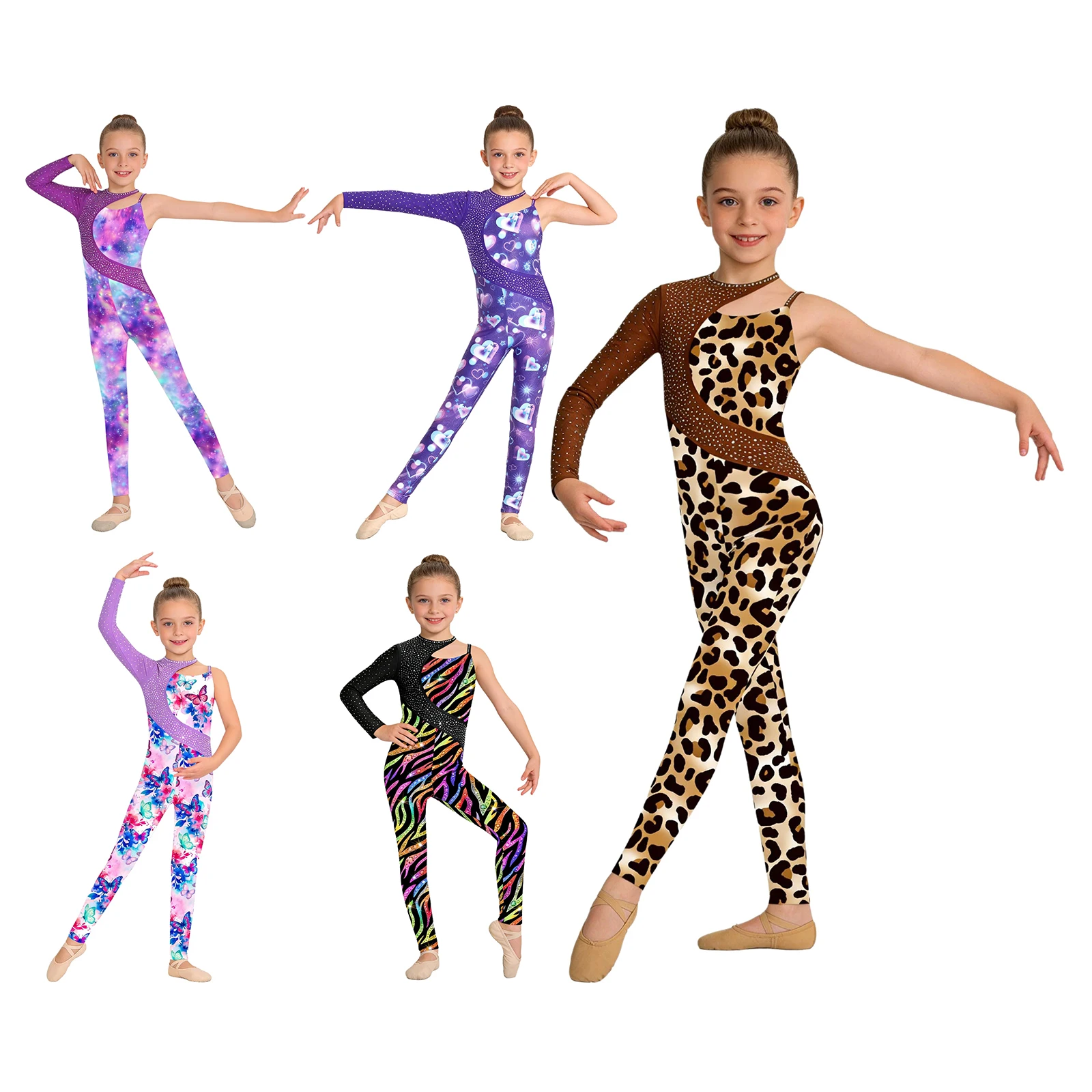 Kids Girls Gymnastics Ballet Dance Leotard Shiny Rhinestone Printed Unitards Jumpsuit for Figure Skating Acrobatics Performance