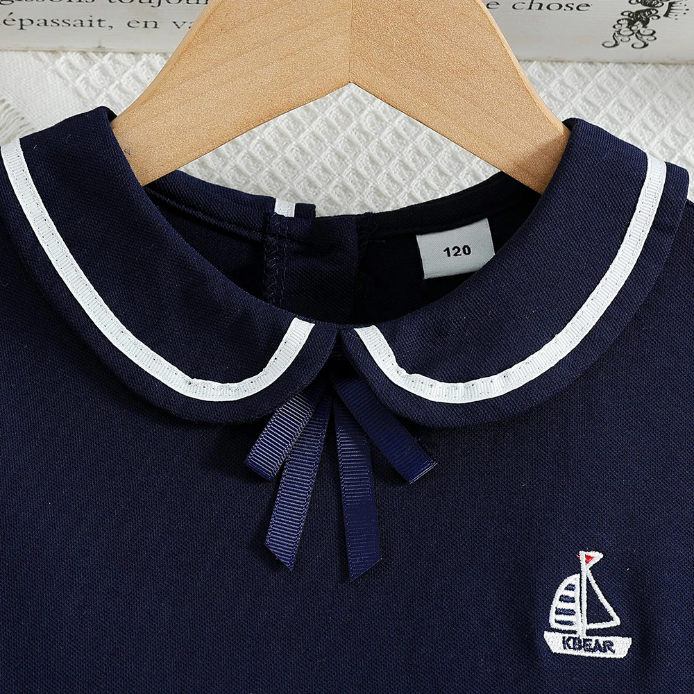 5-12Y Girls Dress Navy Blue Sailor Sundress 2026 New Peter Pan Collar Short Sleeve Pleated School Casual Dress
