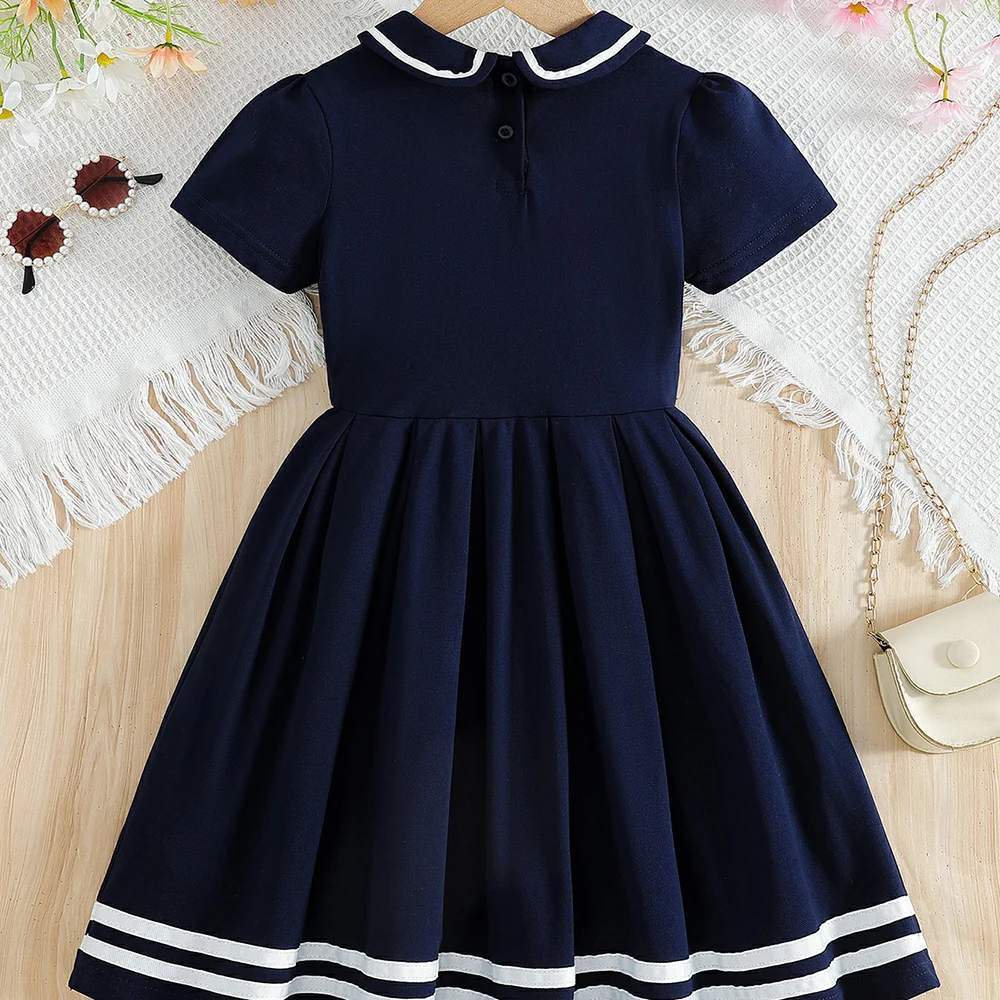 5-12Y Girls Dress Navy Blue Sailor Sundress 2026 New Peter Pan Collar Short Sleeve Pleated School Casual Dress