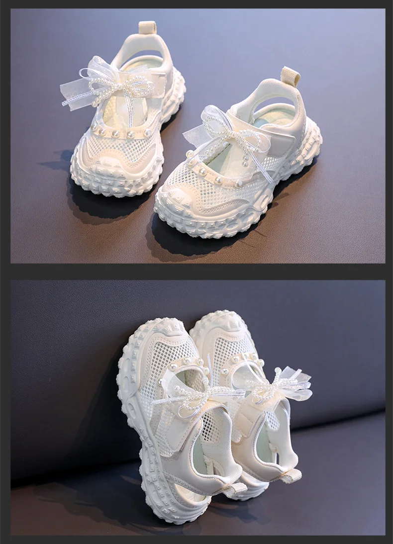 Sweet Pearl Bowknot Decoration Sneakers Girl 2026 Autumn Breathable Mesh Hollow Out Sports Shoes Soft Thick Bottom Running Shoes