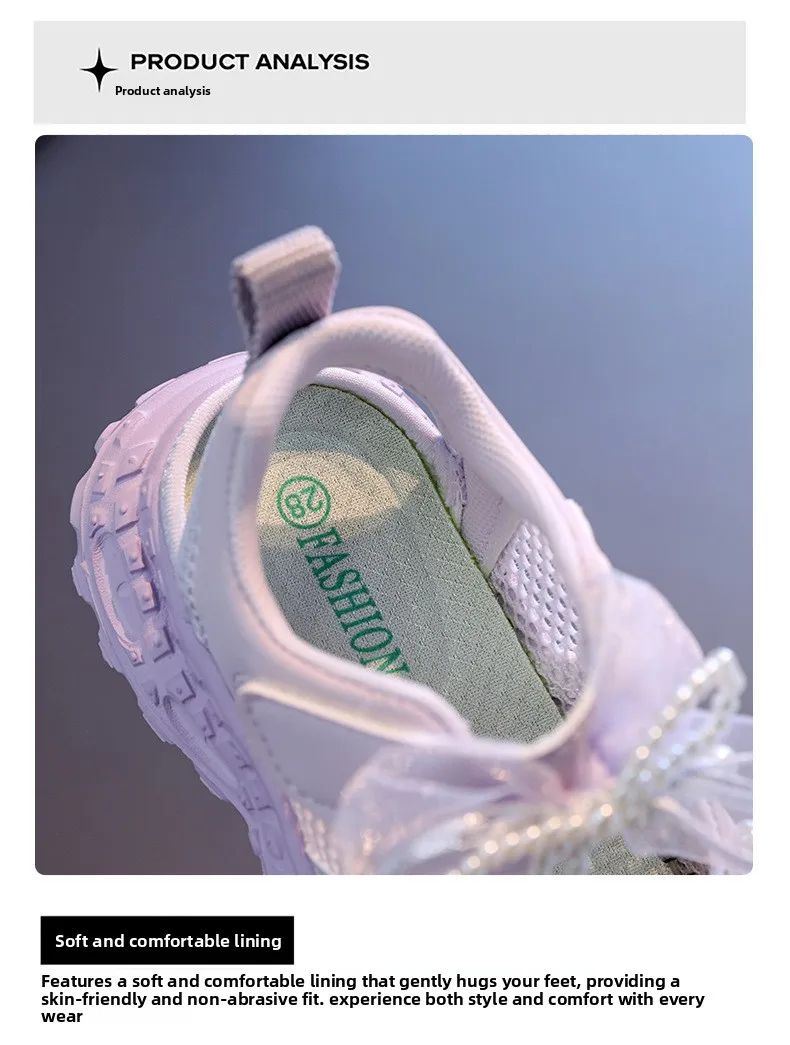 Sweet Pearl Bowknot Decoration Sneakers Girl 2026 Autumn Breathable Mesh Hollow Out Sports Shoes Soft Thick Bottom Running Shoes