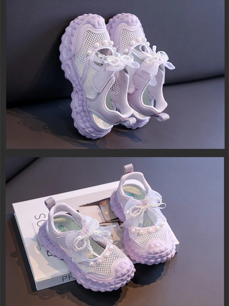 Sweet Pearl Bowknot Decoration Sneakers Girl 2026 Autumn Breathable Mesh Hollow Out Sports Shoes Soft Thick Bottom Running Shoes