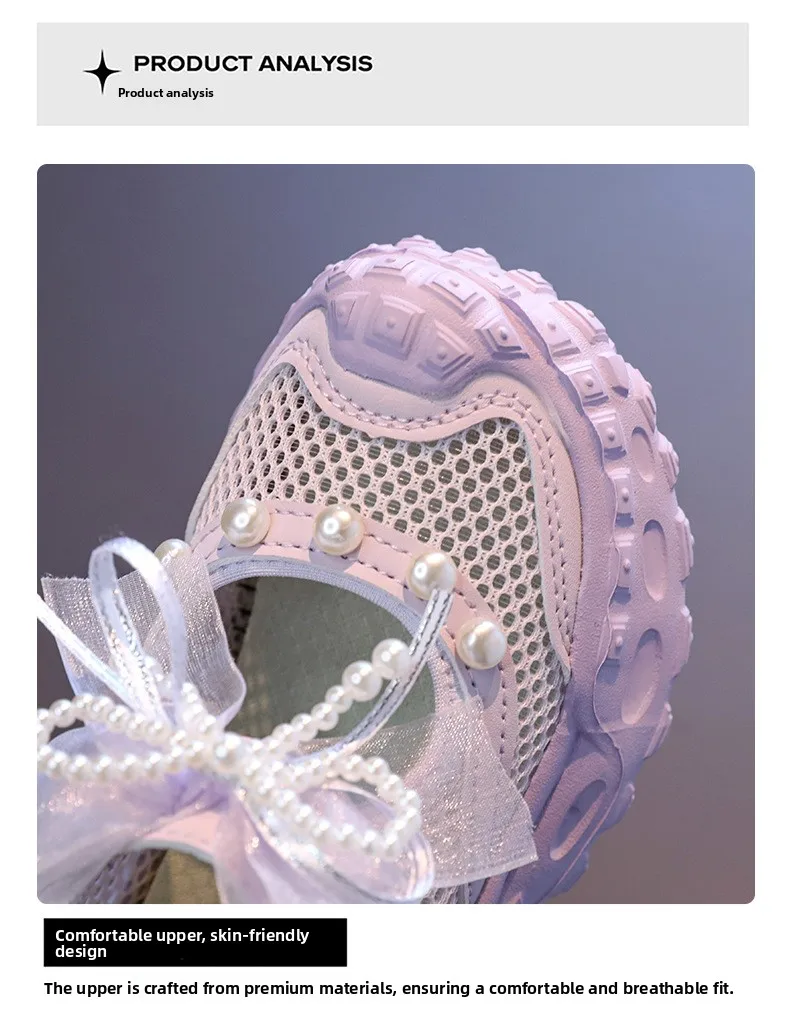 Sweet Pearl Bowknot Decoration Sneakers Girl 2026 Autumn Breathable Mesh Hollow Out Sports Shoes Soft Thick Bottom Running Shoes