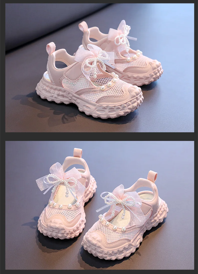 Sweet Pearl Bowknot Decoration Sneakers Girl 2026 Autumn Breathable Mesh Hollow Out Sports Shoes Soft Thick Bottom Running Shoes