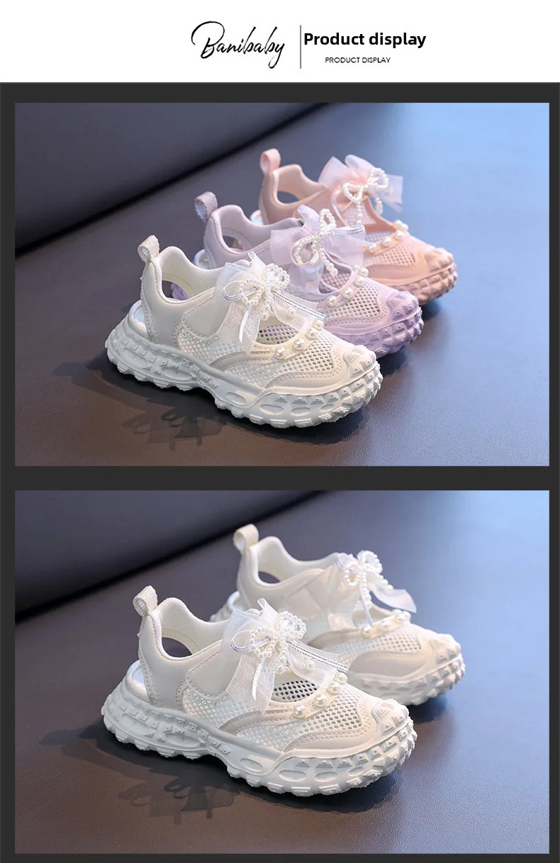 Sweet Pearl Bowknot Decoration Sneakers Girl 2026 Autumn Breathable Mesh Hollow Out Sports Shoes Soft Thick Bottom Running Shoes